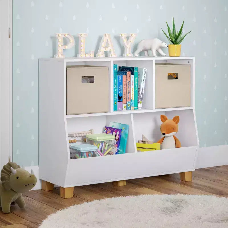 RiverRidge Kids' CatchAll Playroom 35 Toy Storage Organizer with 3 Cubbies and 2 Storage Compartments White with 2 Fabric Bins