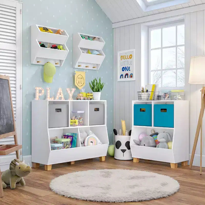 RiverRidge Kids' CatchAll Playroom 35 Toy Storage Organizer with 3 Cubbies and 2 Storage Compartments White with 2 Fabric Bins