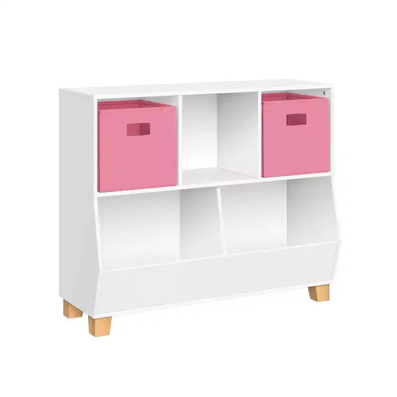 RiverRidge Kids' CatchAll Playroom 35 Toy Storage Organizer with 3 Cubbies and 2 Storage Compartments White with 2 Fabric Bins