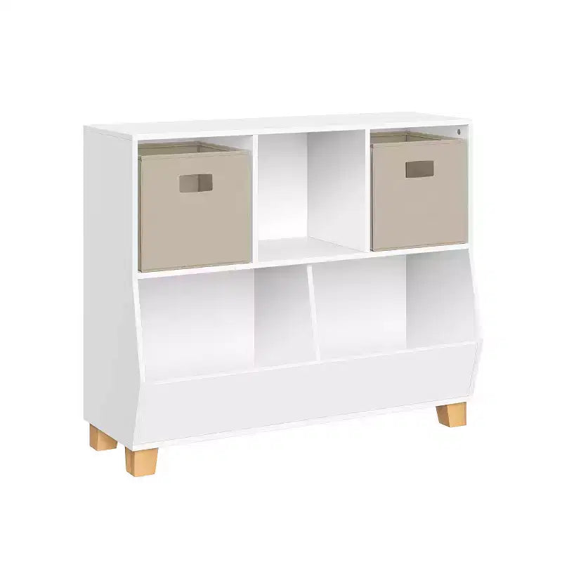 RiverRidge Kids' CatchAll Playroom 35 Toy Storage Organizer with 3 Cubbies and 2 Storage Compartments White with 2 Fabric Bins