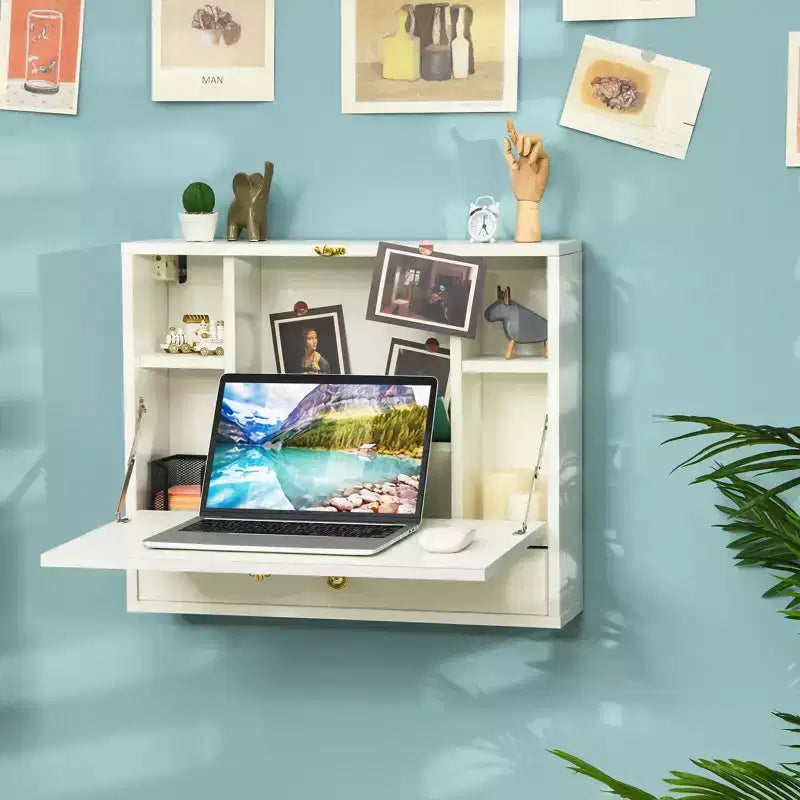 Costway Wall Mounted Folding Laptop Desk Hideaway Organizer Storage Space Saver White/Brown/Black