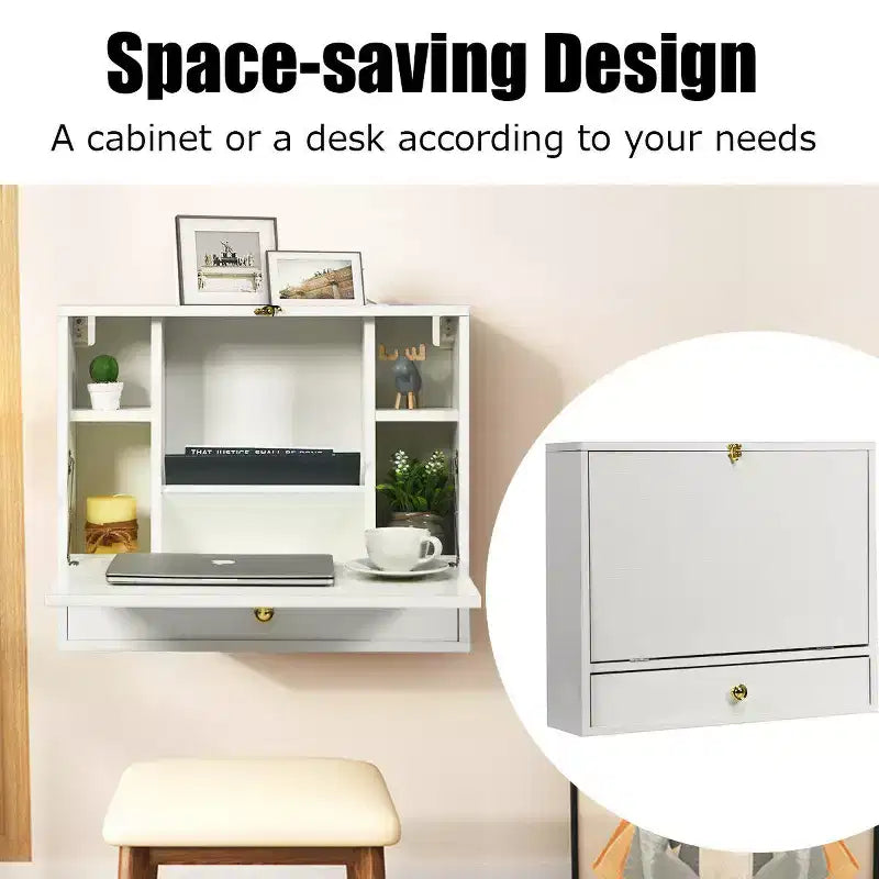 Costway Wall Mounted Folding Laptop Desk Hideaway Organizer Storage Space Saver White/Brown/Black