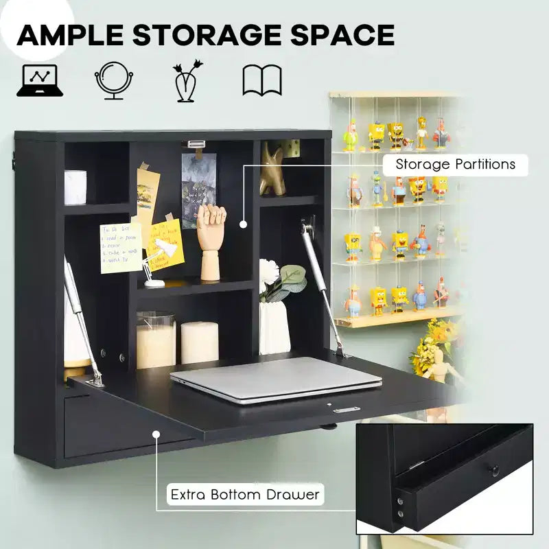 Costway Wall Mounted Folding Laptop Desk Hideaway Organizer Storage Space Saver White/Brown/Black