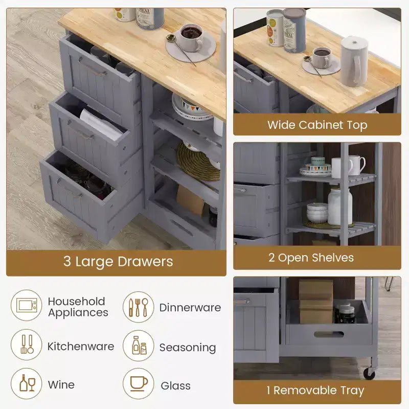 Costway Rolling Kitchen Island Utility Storage Cart w/ 3 Storage Drawers & Shelves White/Black/Grey