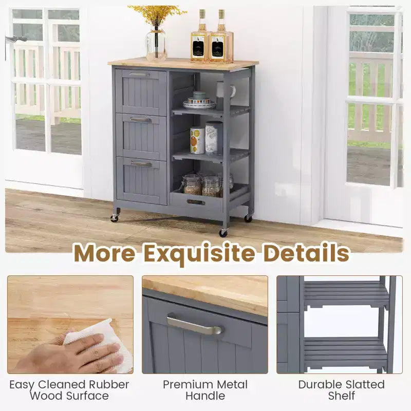 Costway Rolling Kitchen Island Utility Storage Cart w/ 3 Storage Drawers & Shelves White/Black/Grey