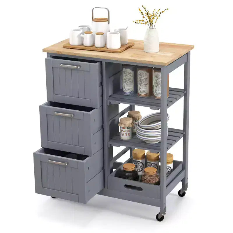 Costway Rolling Kitchen Island Utility Storage Cart w/ 3 Storage Drawers & Shelves White/Black/Grey