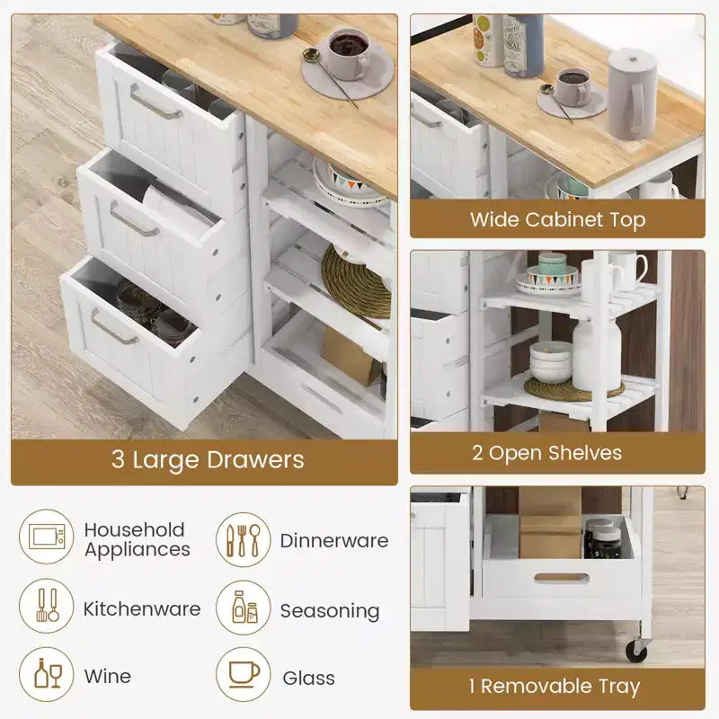 Costway Rolling Kitchen Island Utility Storage Cart w/ 3 Storage Drawers & Shelves White/Black/Grey