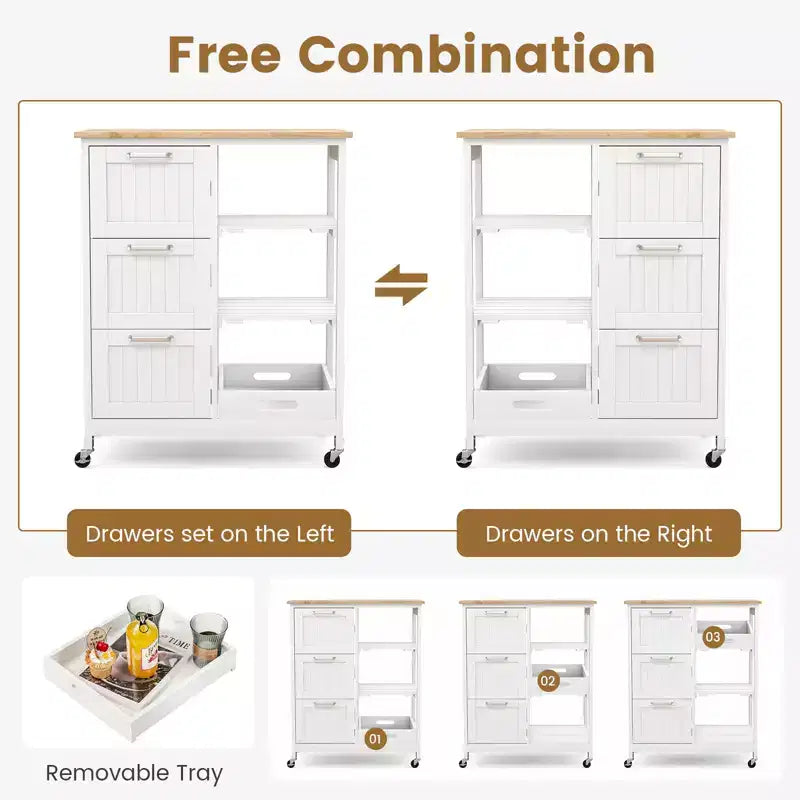 Costway Rolling Kitchen Island Utility Storage Cart w/ 3 Storage Drawers & Shelves White/Black/Grey
