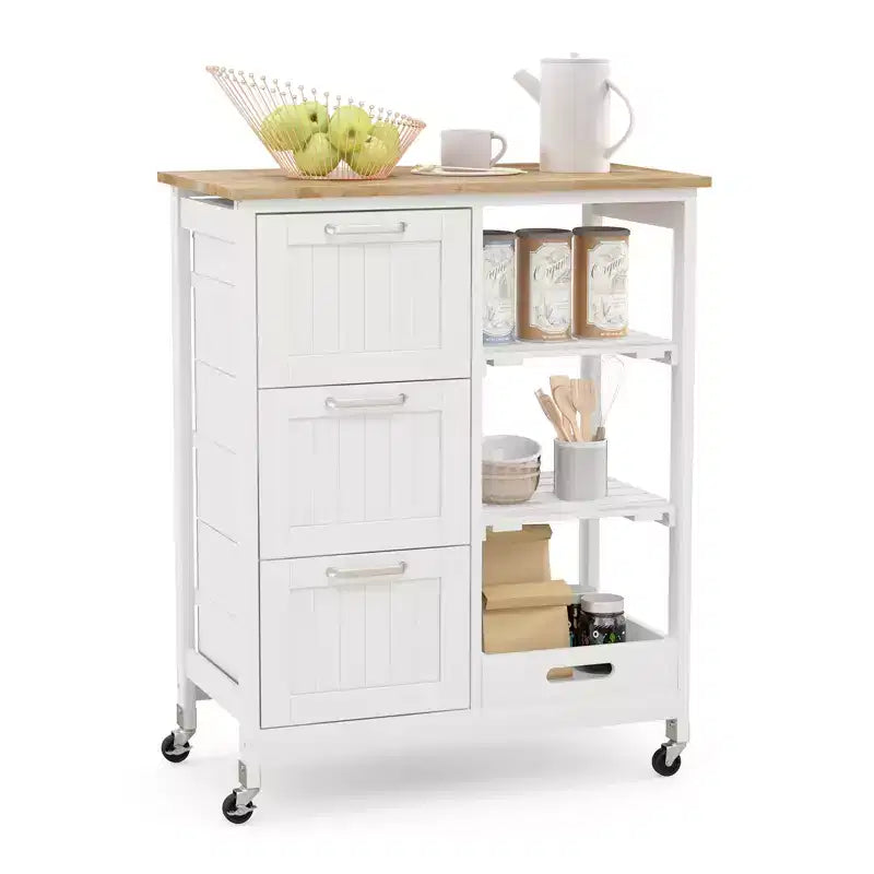 Costway Rolling Kitchen Island Utility Storage Cart w/ 3 Storage Drawers & Shelves White/Black/Grey