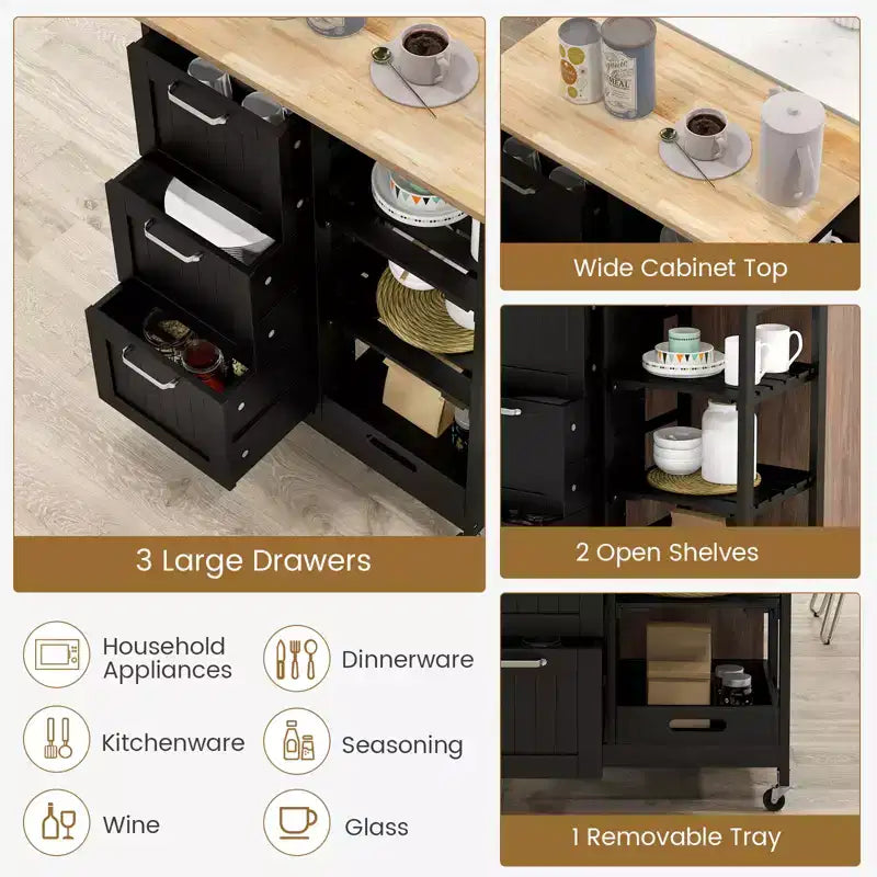 Costway Rolling Kitchen Island Utility Storage Cart w/ 3 Storage Drawers & Shelves White/Black/Grey