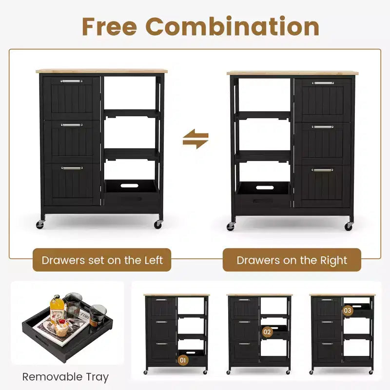 Costway Rolling Kitchen Island Utility Storage Cart w/ 3 Storage Drawers & Shelves White/Black/Grey