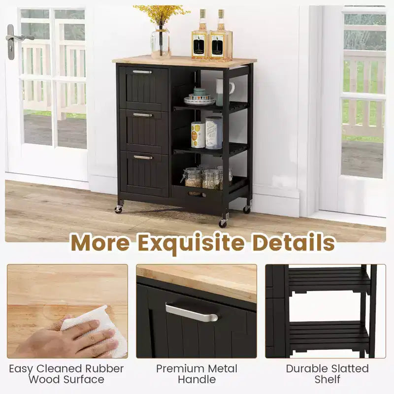 Costway Rolling Kitchen Island Utility Storage Cart w/ 3 Storage Drawers & Shelves White/Black/Grey