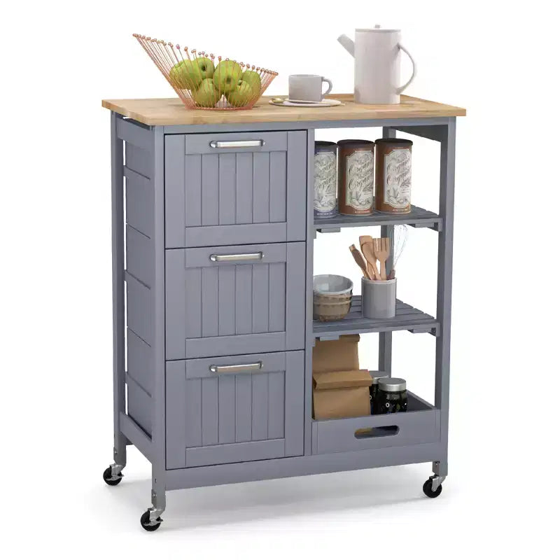 Costway Rolling Kitchen Island Utility Storage Cart w/ 3 Storage Drawers & Shelves White/Black/Grey
