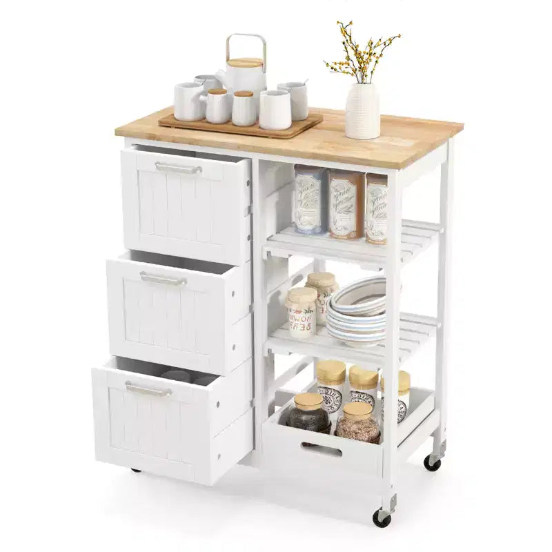Costway Rolling Kitchen Island Utility Storage Cart w/ 3 Storage Drawers & Shelves White/Black/Grey