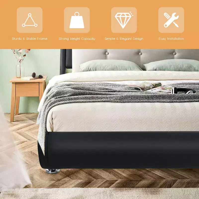 Costway Full Faux Leather Upholstered Platform Bed Adjustable Headboard Black