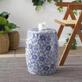 JONATHAN Y Lotus Blossom 17.5 Chinoiserie Ceramic Drum Garden Stool/Accent Table, Blue/White
