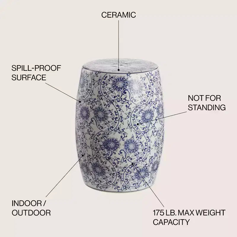 JONATHAN Y Lotus Blossom 17.5 Chinoiserie Ceramic Drum Garden Stool/Accent Table, Blue/White