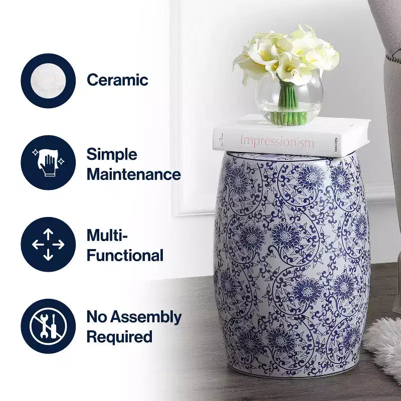 JONATHAN Y Lotus Blossom 17.5 Chinoiserie Ceramic Drum Garden Stool/Accent Table, Blue/White