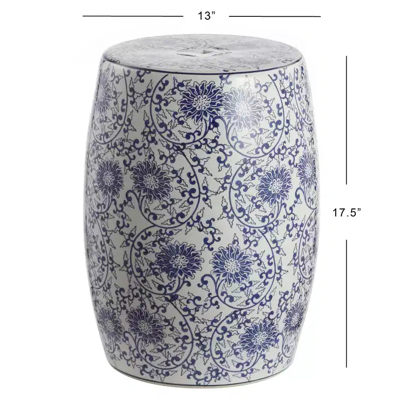 JONATHAN Y Lotus Blossom 17.5 Chinoiserie Ceramic Drum Garden Stool/Accent Table, Blue/White