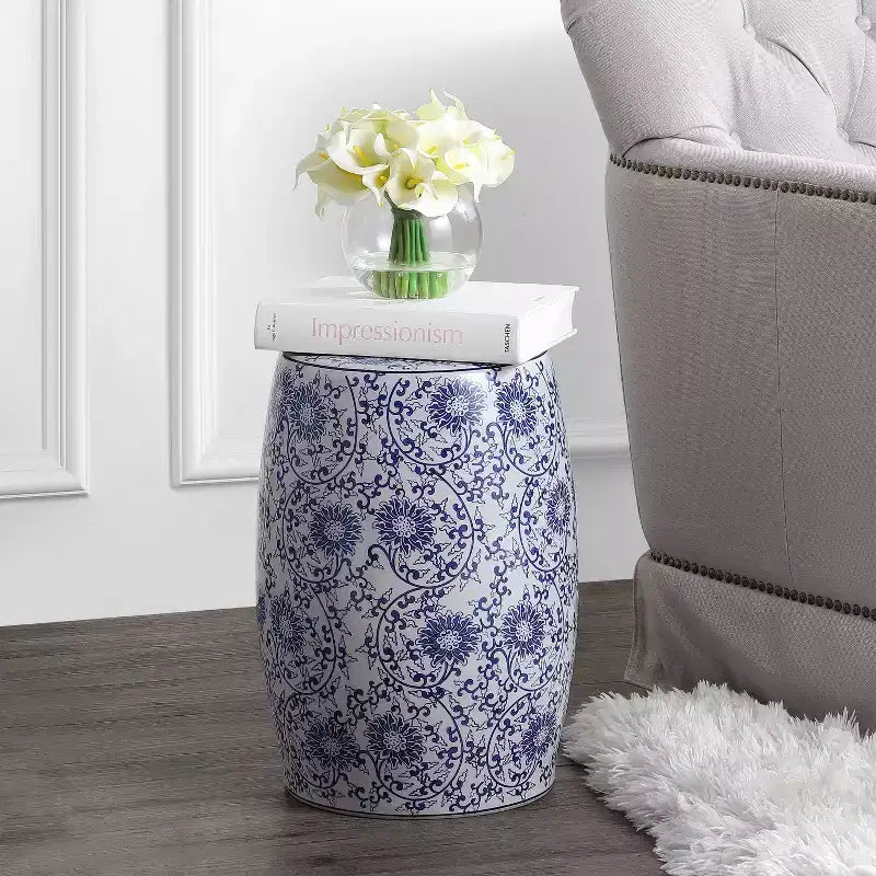 JONATHAN Y Lotus Blossom 17.5 Chinoiserie Ceramic Drum Garden Stool/Accent Table, Blue/White