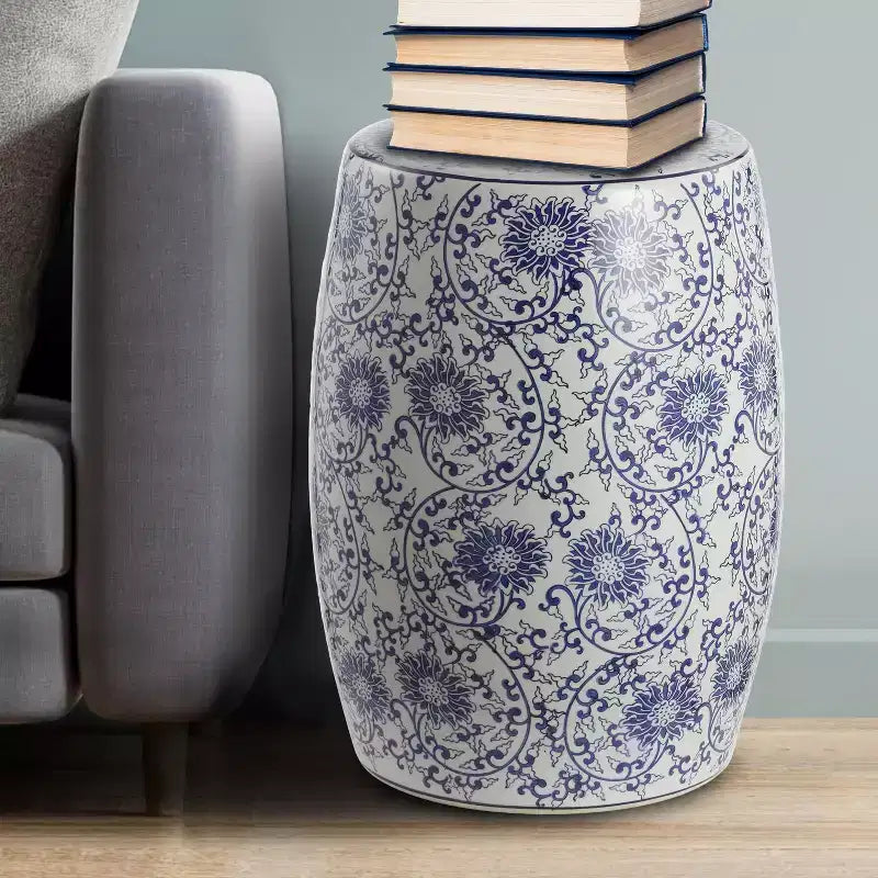 JONATHAN Y Lotus Blossom 17.5 Chinoiserie Ceramic Drum Garden Stool/Accent Table, Blue/White