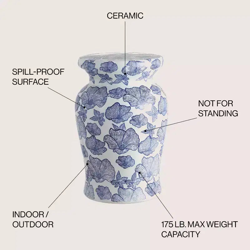 JONATHAN Y Poppies 17.7 Ceramic Garden Stool/Accent Table, White/Blue