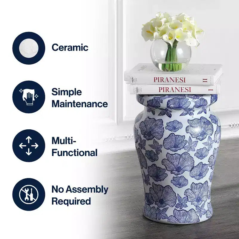JONATHAN Y Poppies 17.7 Ceramic Garden Stool/Accent Table, White/Blue