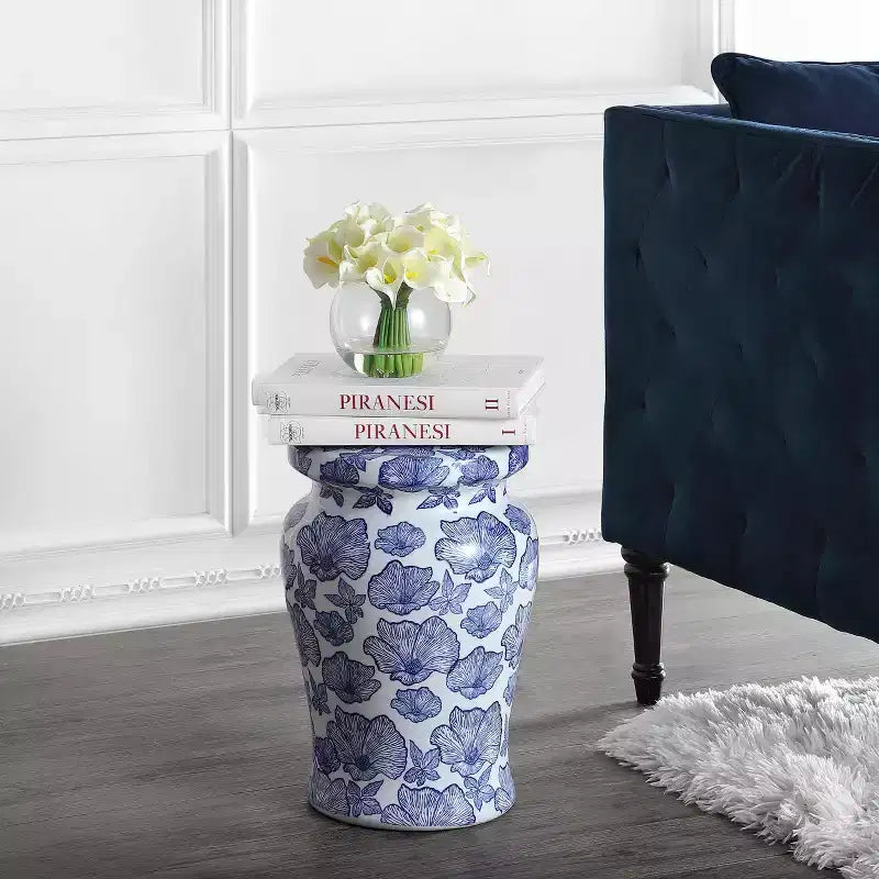 JONATHAN Y Poppies 17.7 Ceramic Garden Stool/Accent Table, White/Blue