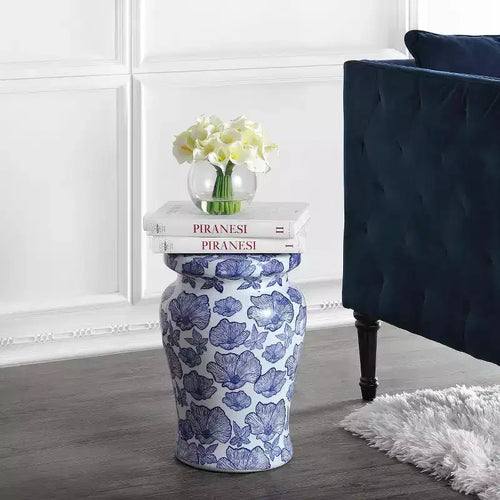 JONATHAN Y Poppies 17.7 Ceramic Garden Stool/Accent Table, White/Blue