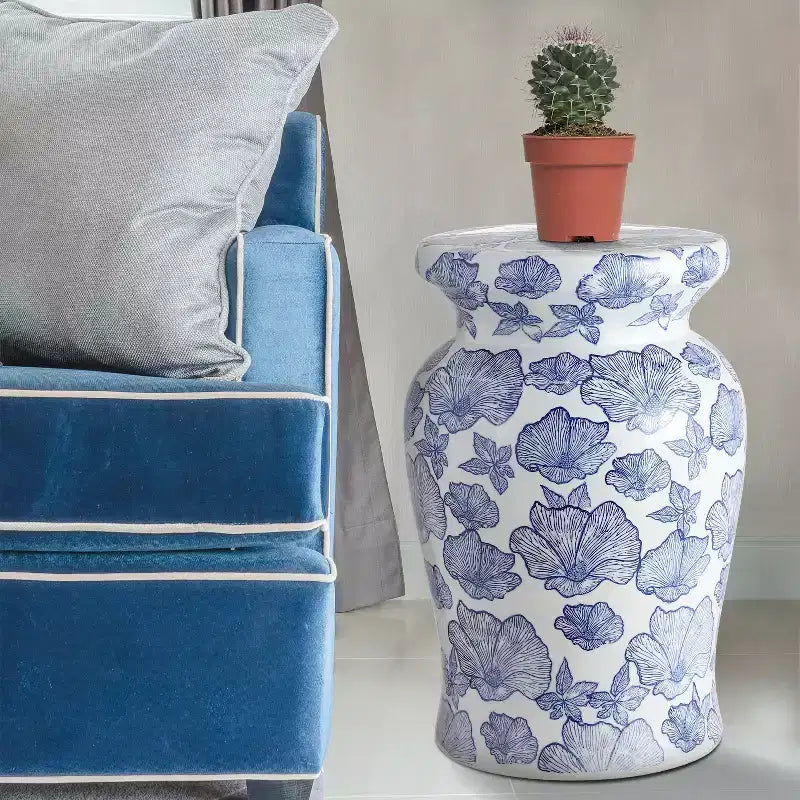 JONATHAN Y Poppies 17.7 Ceramic Garden Stool/Accent Table, White/Blue