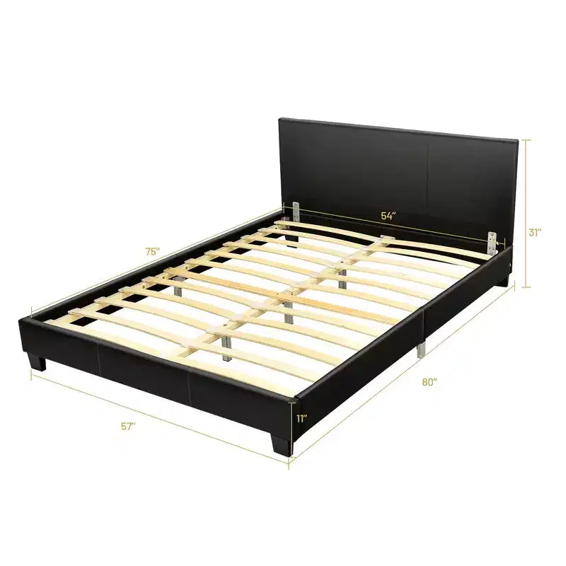 Costway Full Upholstered Platform Bed Frame with Linen/PU Headboard Wood Slat Gray/Black
