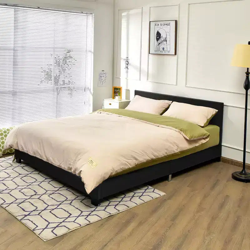 Costway Full Upholstered Platform Bed Frame with Linen/PU Headboard Wood Slat Gray/Black