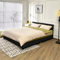 Costway Full Upholstered Platform Bed Frame with Linen/PU Headboard Wood Slat Gray/Black