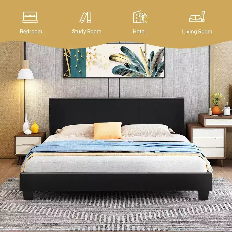 Costway Full Upholstered Platform Bed Frame with Linen/PU Headboard Wood Slat Gray/Black