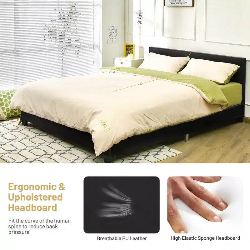 Costway Full Upholstered Platform Bed Frame with Linen/PU Headboard Wood Slat Gray/Black