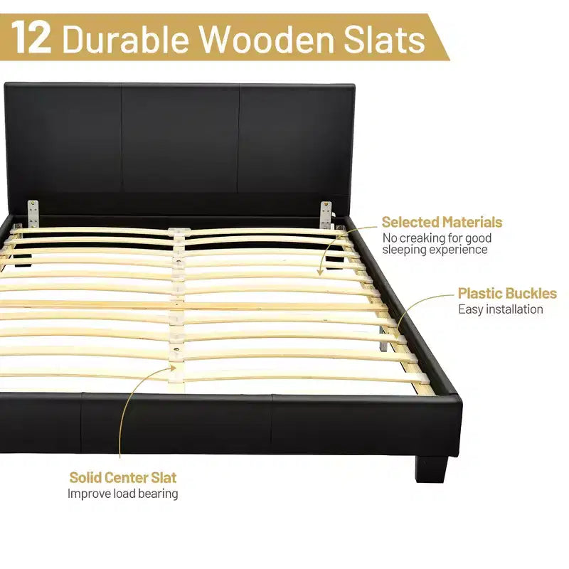 Costway Full Upholstered Platform Bed Frame with Linen/PU Headboard Wood Slat Gray/Black