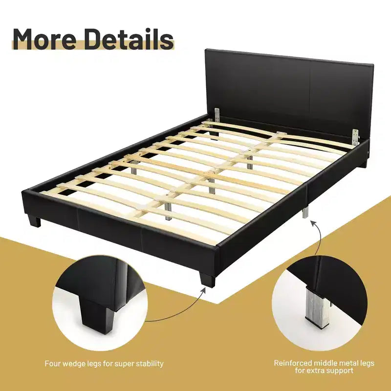 Costway Full Upholstered Platform Bed Frame with Linen/PU Headboard Wood Slat Gray/Black