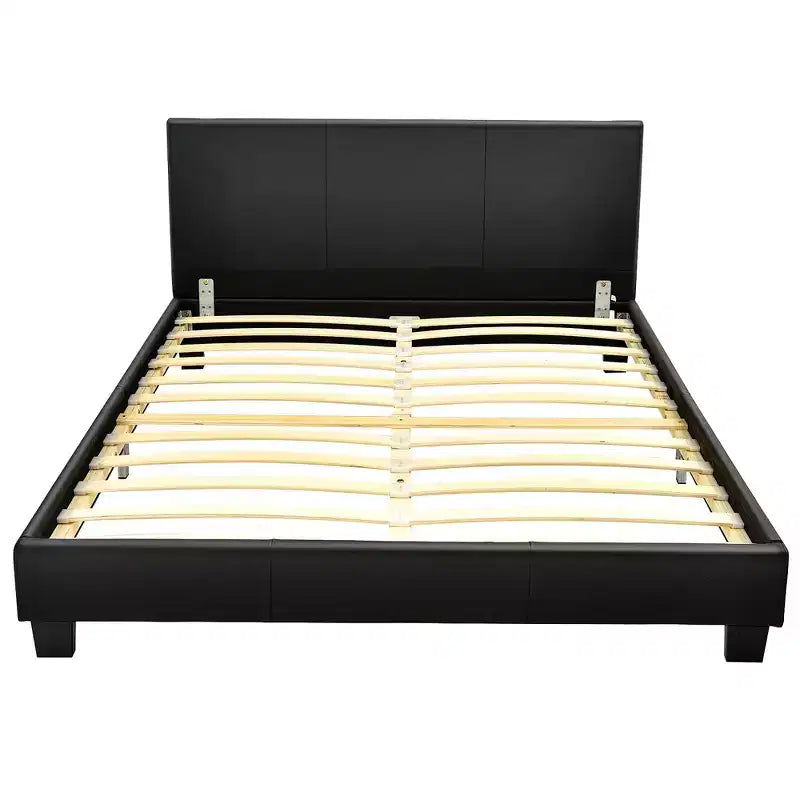 Costway Full Upholstered Platform Bed Frame with Linen/PU Headboard Wood Slat Gray/Black