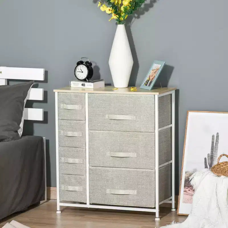 HOMCOM 7-Drawer Dresser Storage Tower Cabinet Organizer Unit, Easy Pull Fabric Bins with Metal Frame for Bedroom, Closets, Light Gray