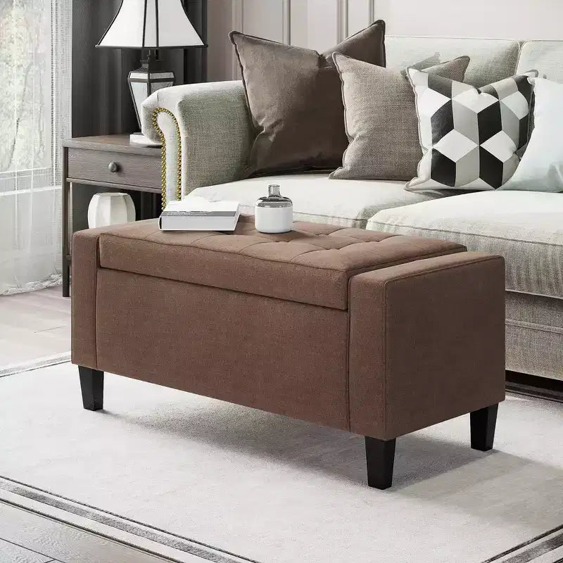 HOMCOM Linen Storage Ottoman Bench Lift Top Tufted Rectangle Ottoman for Living Room, Entryway, or Bedroom