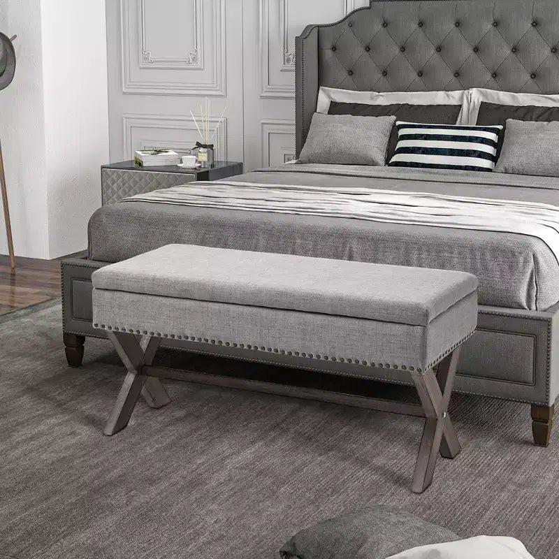 HOMCOM 35.75 Rectangle Fabric Shoe Bench Storage Ottoman with Soft Sponge Cushion, for Living Room, Entryway, or Bedroom, Gray