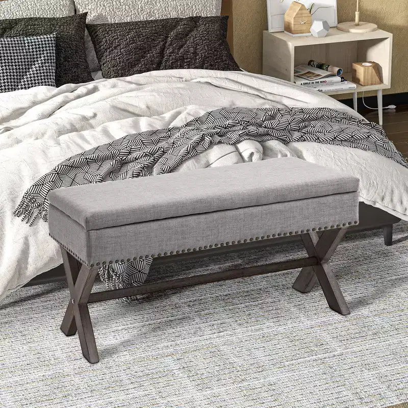 HOMCOM 35.75 Rectangle Fabric Shoe Bench Storage Ottoman with Soft Sponge Cushion, for Living Room, Entryway, or Bedroom, Gray