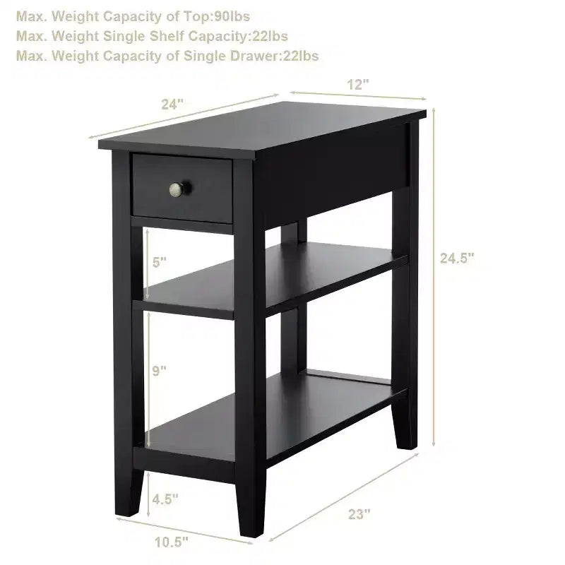 Costway 3 Tier Nightstand Bedside Table Sofa Side End Table w/Double Shelves Drawer Black