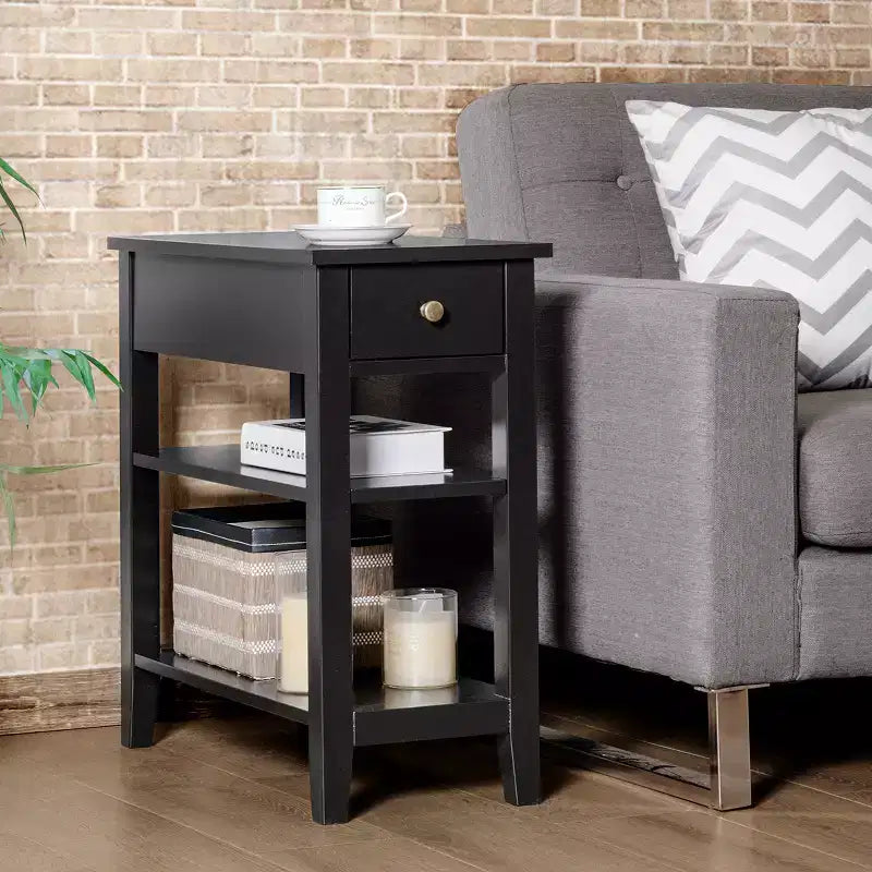 Costway 3 Tier Nightstand Bedside Table Sofa Side End Table w/Double Shelves Drawer Black