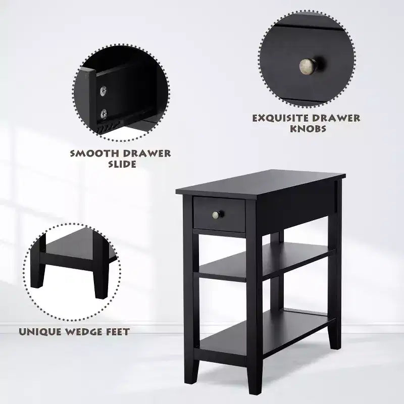 Costway 3 Tier Nightstand Bedside Table Sofa Side End Table w/Double Shelves Drawer Black