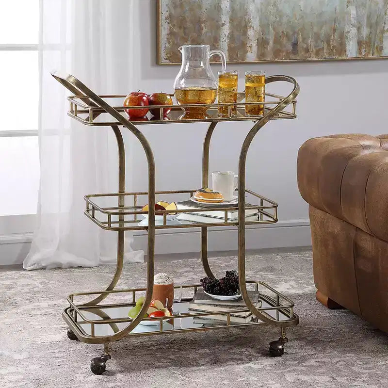 Uttermost Stassi 33 Wide Antiqued Gold Serving Bar Cart