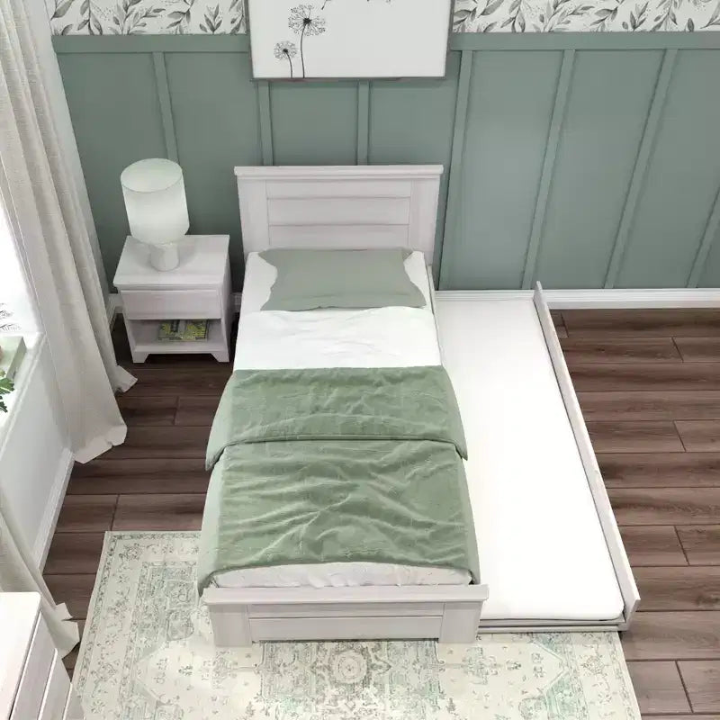 Max & Lily Twin Bed Frame with Plank Headboard and Trundle, Solid Wood Platform Bed