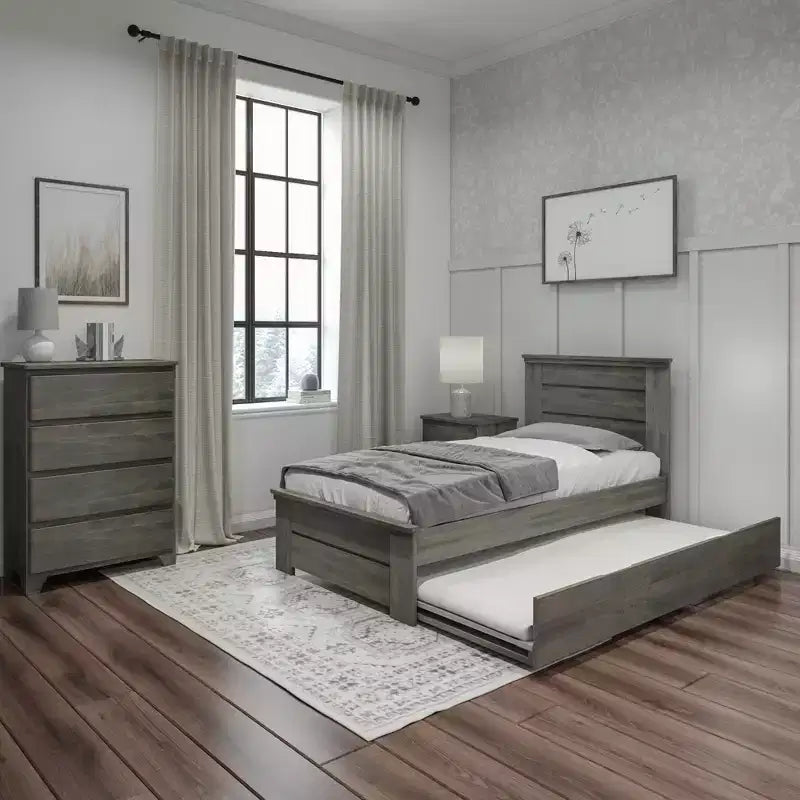 Max & Lily Twin Bed Frame with Plank Headboard and Trundle, Solid Wood Platform Bed