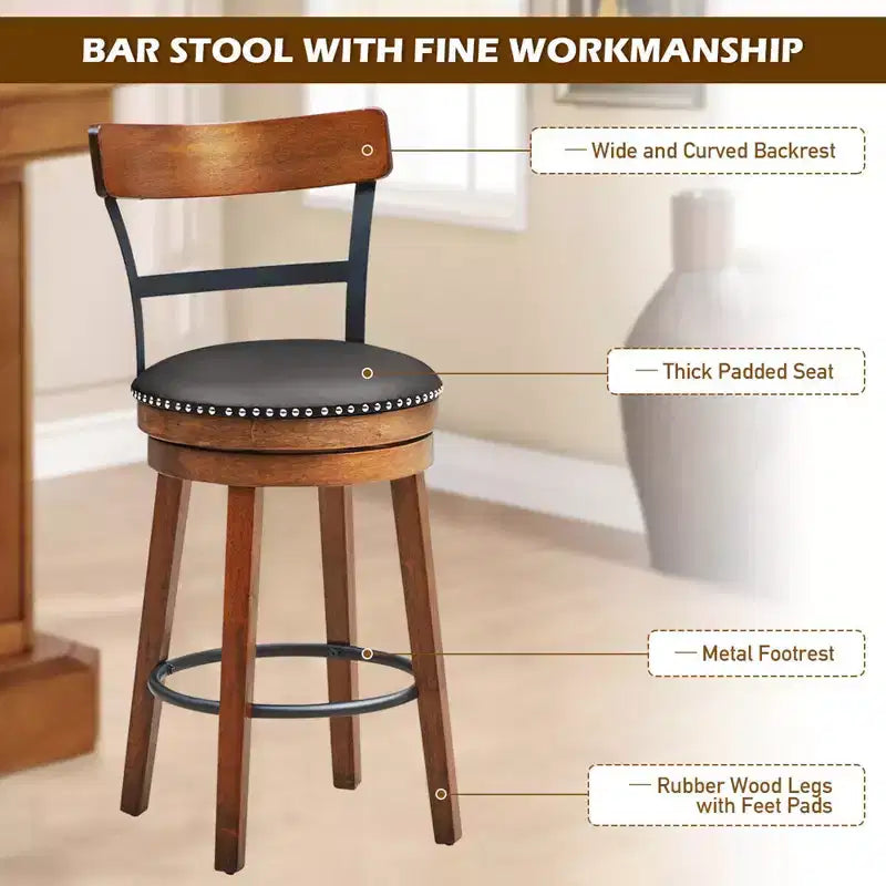 Costway Set of 2/4 BarStool 25.5'' Swivel Counter Height Dining Chair with Rubber Wood Legs