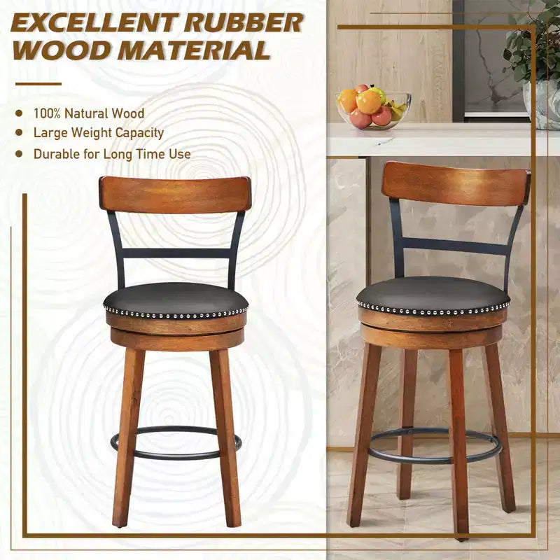 Costway Set of 2/4 BarStool 25.5'' Swivel Counter Height Dining Chair with Rubber Wood Legs